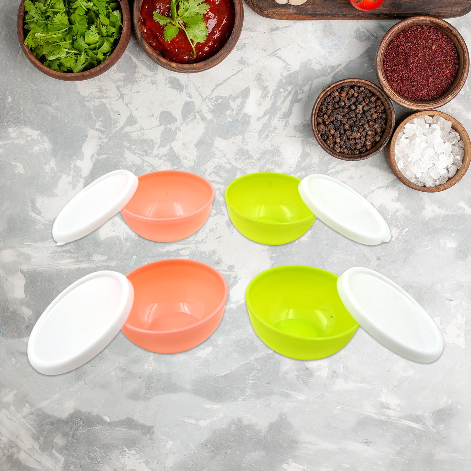 5558 Multipurpose Small Round Plastic Bowl / Katori With Lid, Microwave Safe Reusable Lightweight Bowl, Dishwasher Safe Chutney Bowl (4 Pcs Set) 5558 Multipurpose Small Round Plastic Bowl / Katori With Lid, Microwave Safe Reusable Lightweight Bowl, Dishwasher Safe Chutney Bowl (4 Pcs Set)